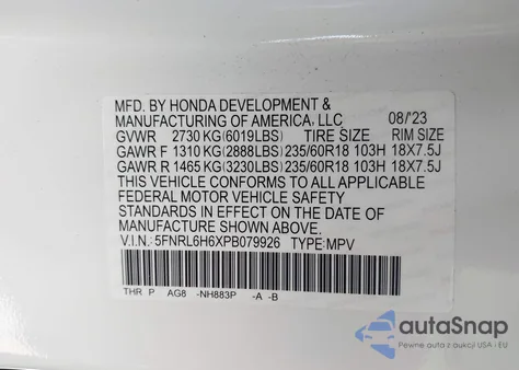 2023 Honda Odyssey Ex-L из США, поврежденный, VIN 5FNRL6H6XPB079926